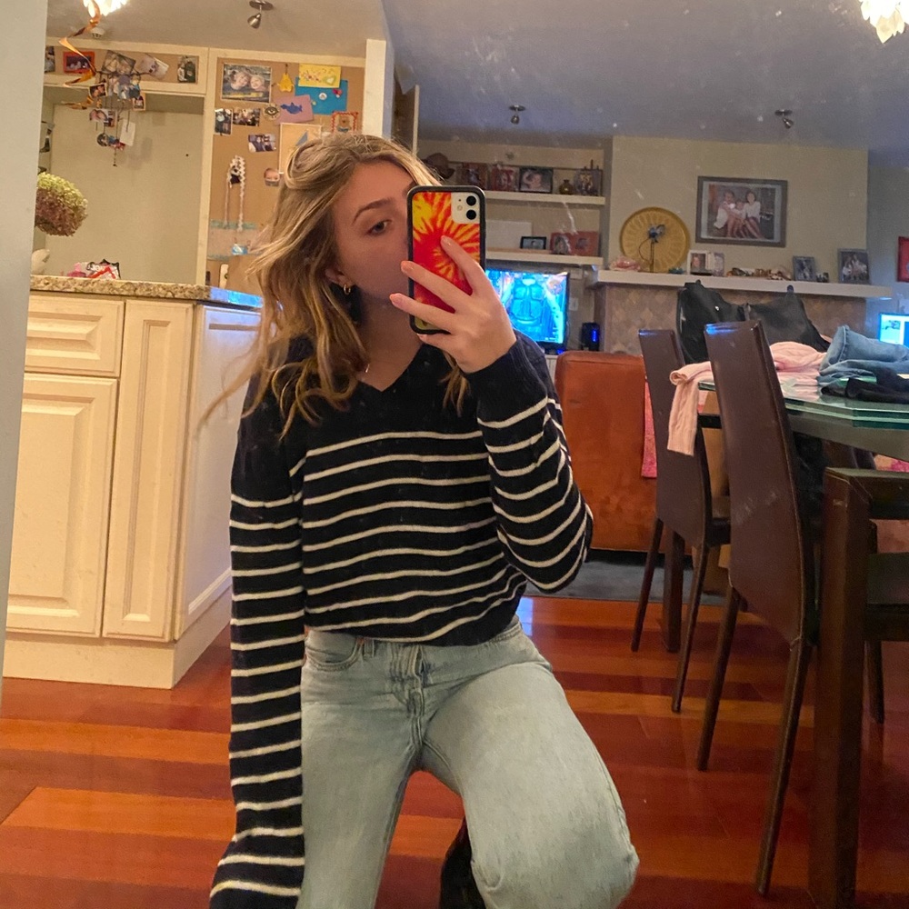 Brandy Striped Navy V Neck Sweater